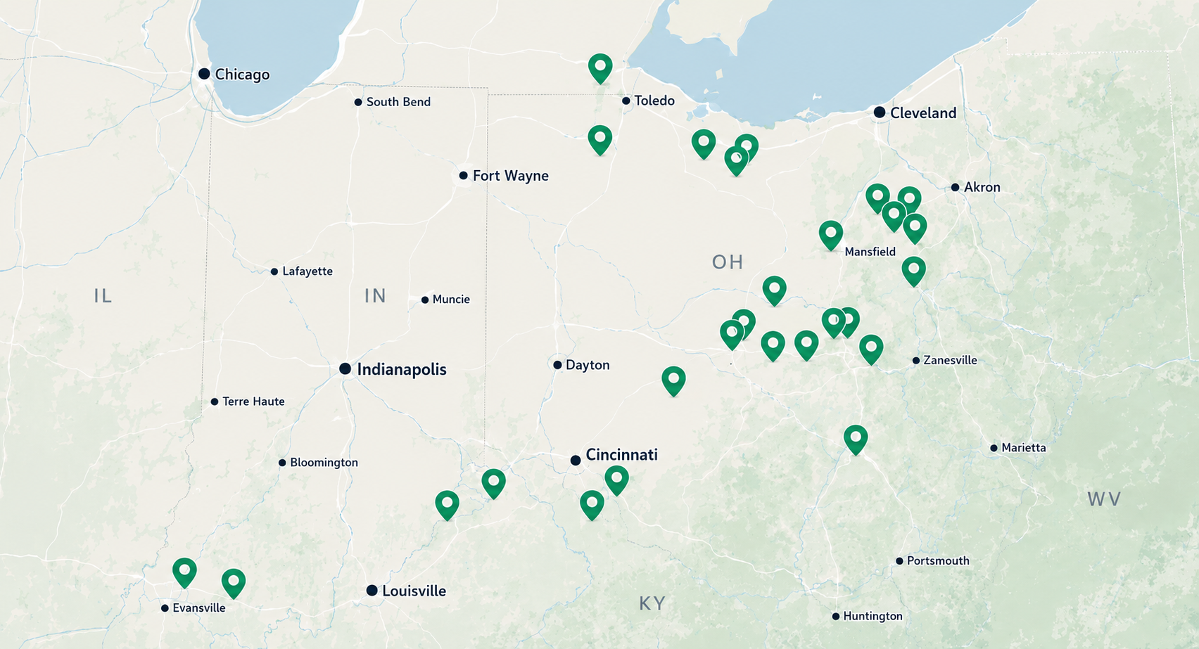 Map of MH Installation Guys' current installation projects across Ohio, Indiana, and Kentucky