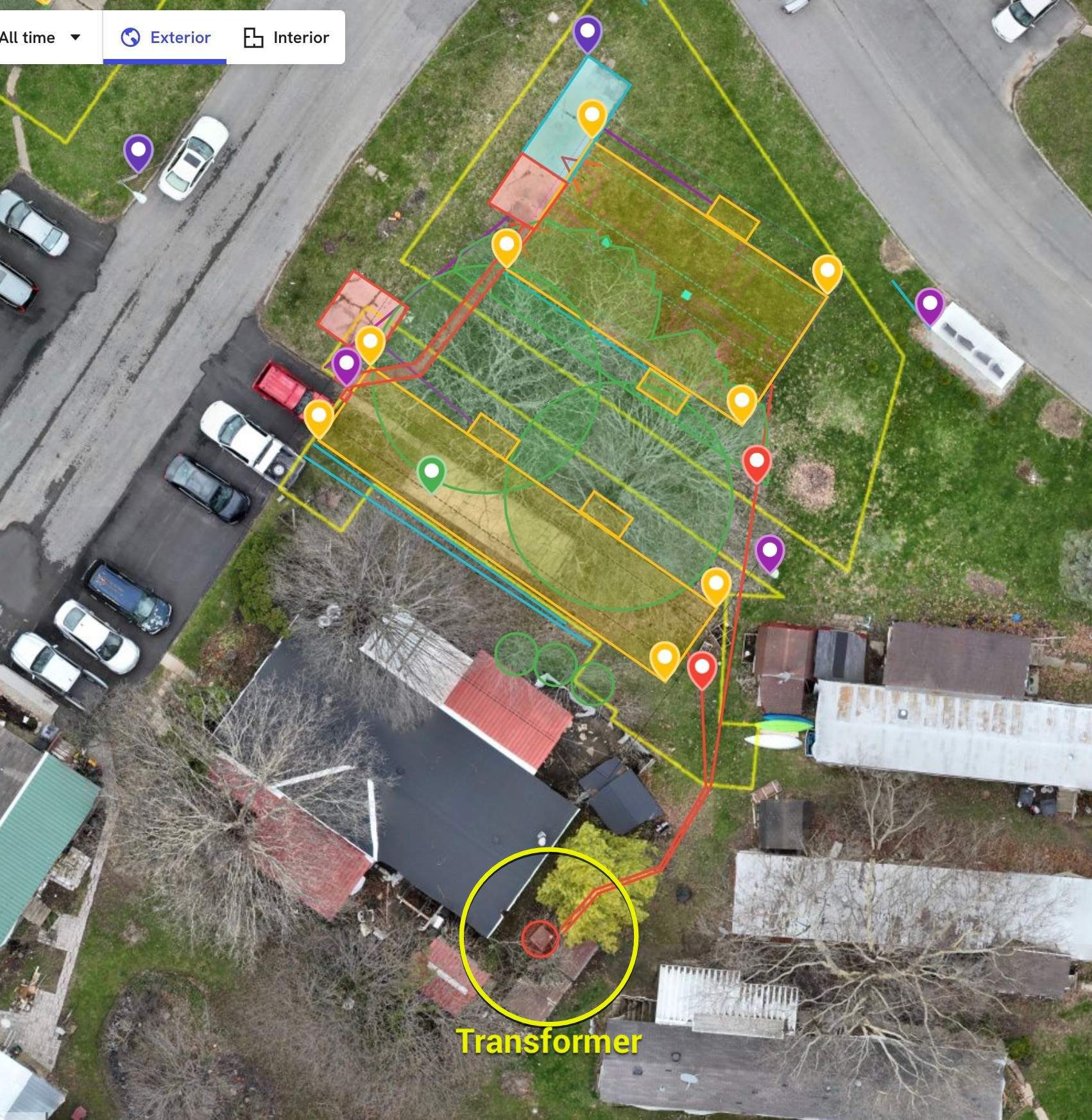 Drone image of a lot with utility lines and setbacks mapped