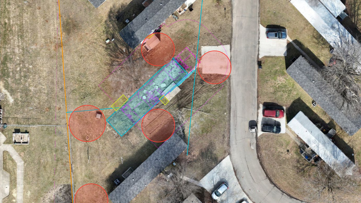 Drone plan overlay showing home placement and utilities